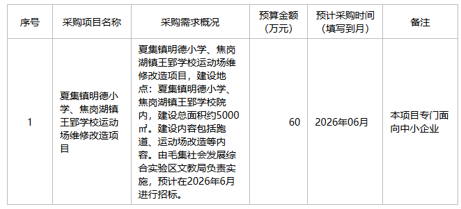 毛集社会发展综合实验区文教局2026年5月至6月政府采购意向
